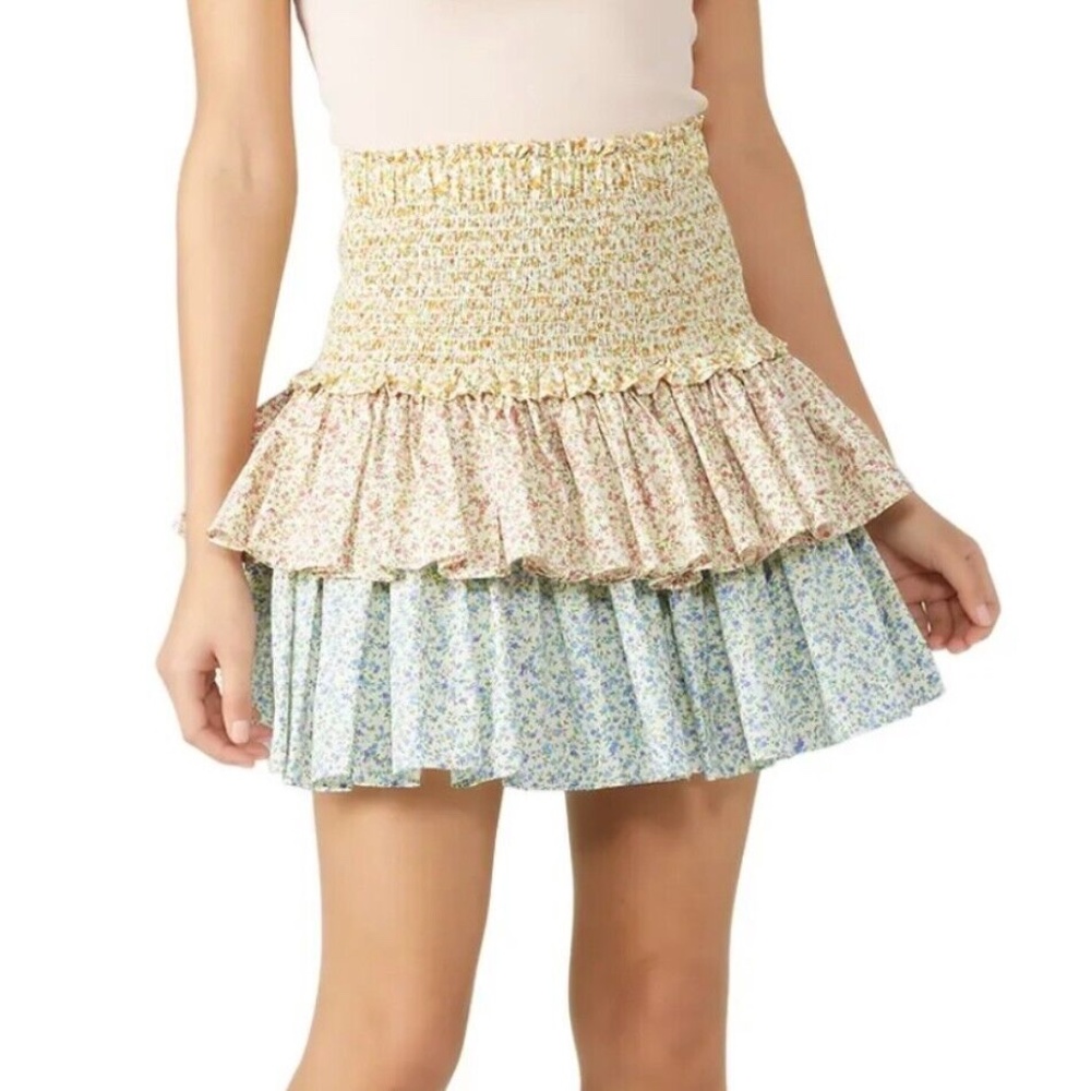 New Petersyn Colorblock Floral Cotton Tiered Ruffle Smocked Skirt Size Large